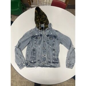 Forever 21 Mens Denim Snap Button Jacket Sm Sweatshirt Hooded Light‎ Wash